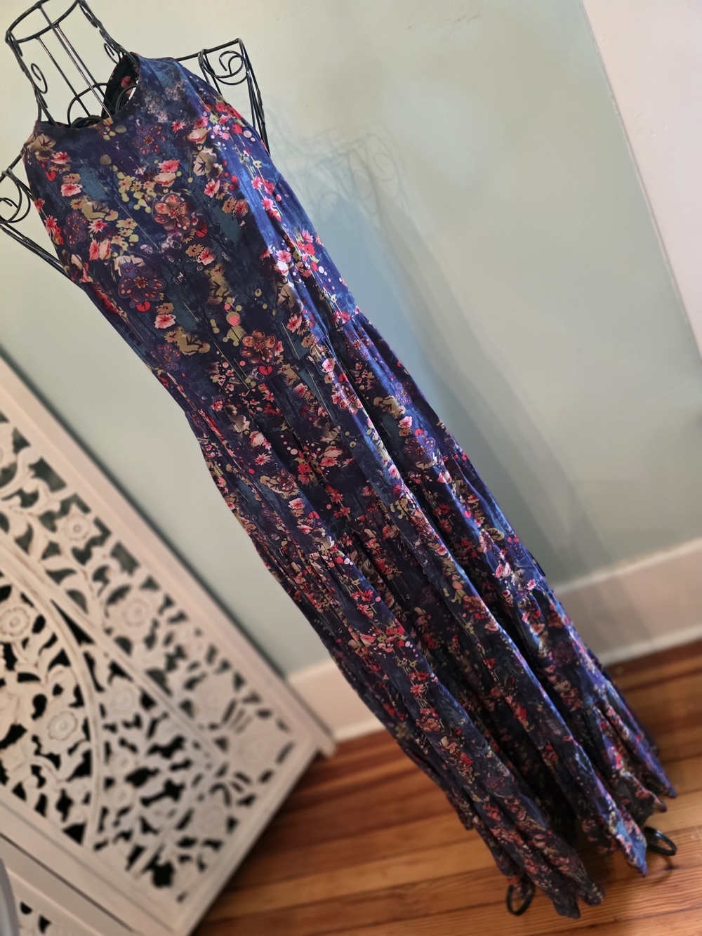 Floral Tiered Maxi Dress - Navy with Pink Floral - Picture 5 of 16